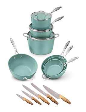 Batería de cocina Jade Cook de acero inoxidable antiadherente cerámica 10 piezas